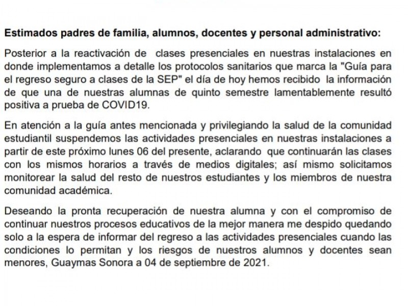 Alumna da positivo a Coronavirus, Prepa Kino suspende clases presenciales