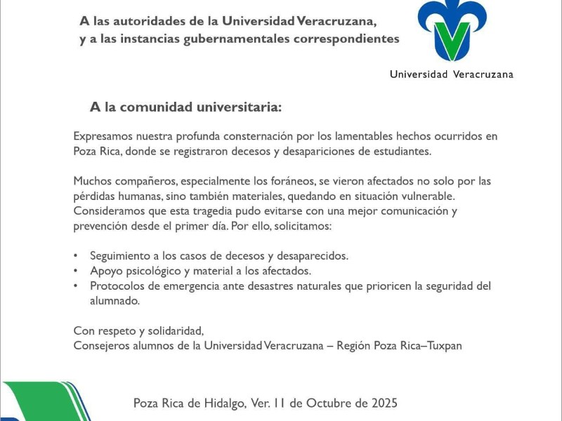 Alumnos UV exigen protocolos tras tragedia en Poza Rica