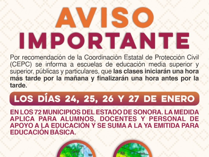 Amplía Protección Civil recomendación de modificar horario de clases