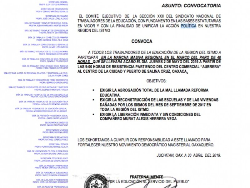 Anuncia Sección 22 marcha regional en Salina Cruz