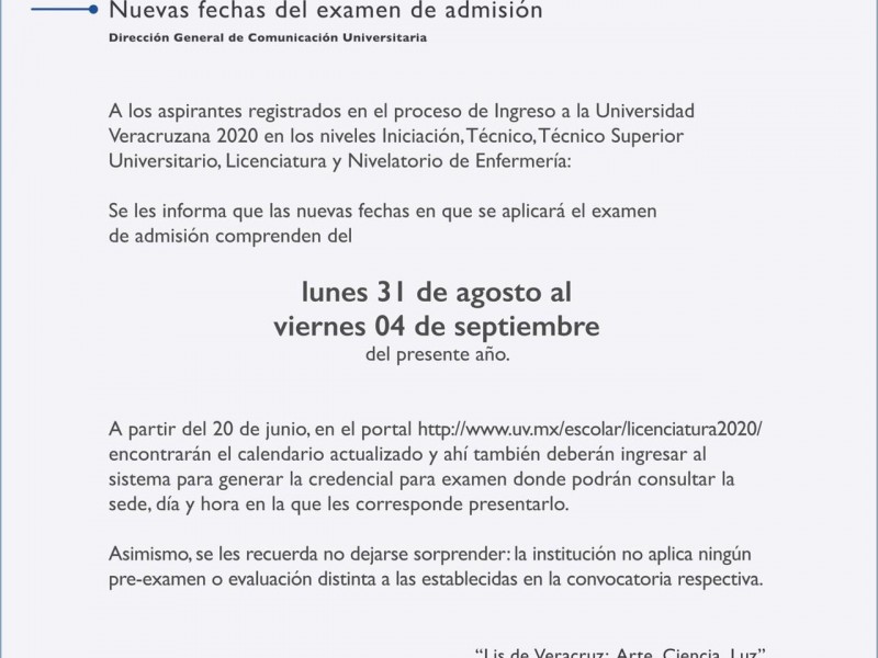 Anuncia UV fechas de examen de admisión