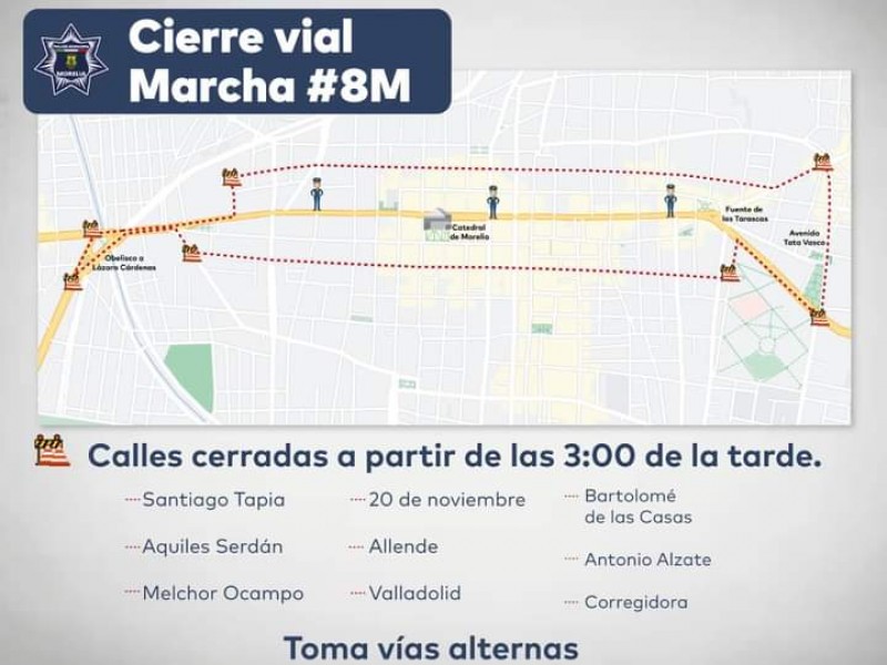 Anuncian cierre de calles por marchas #8M en Morelia