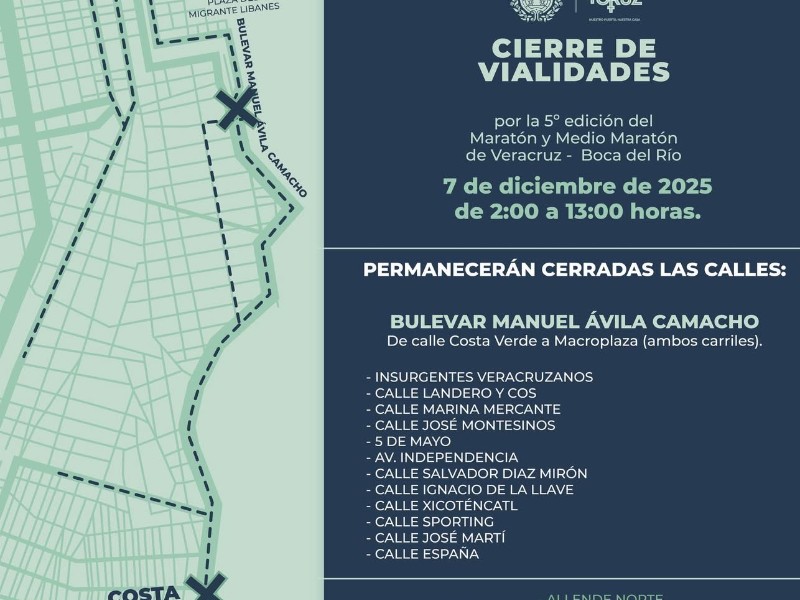 Habrá cierres viales por maratón en Veracruz y Boca del Río