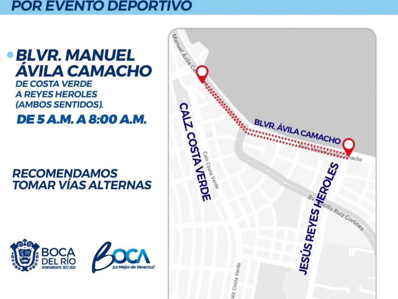 Anuncian cierre vial en boulevard Manuel Ávila Camacho de Boca del Río