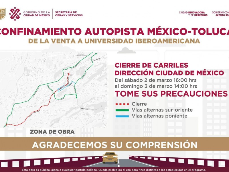 Anuncian cierres en la carretera México-Toluca