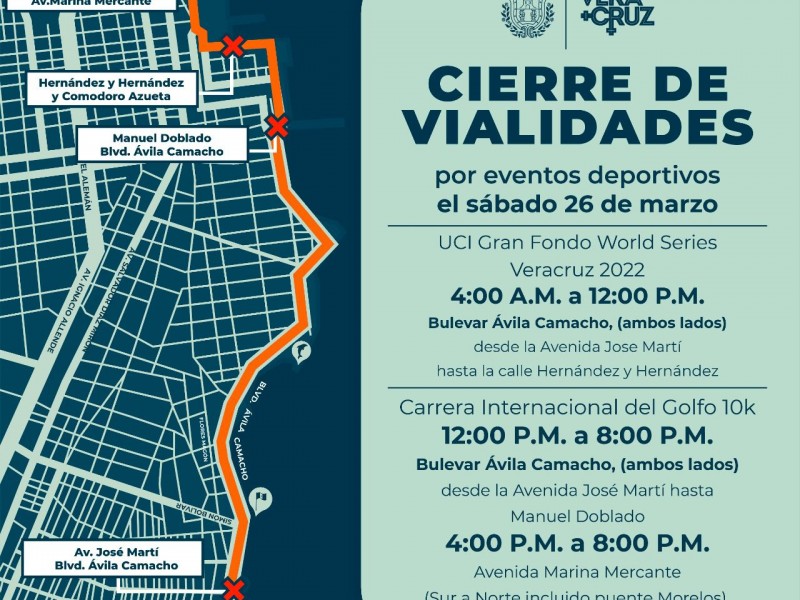 Anuncian cierres viales en Veracruz y Boca del Río