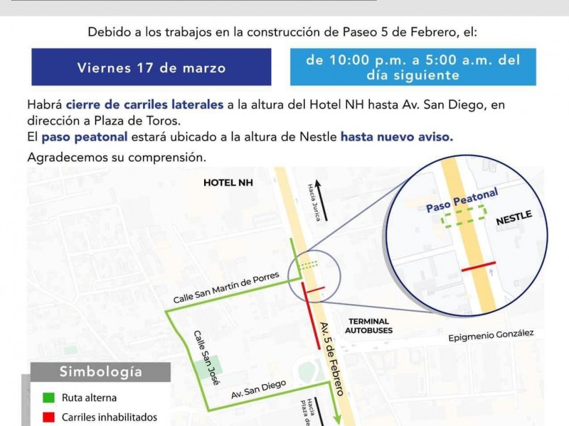 Anuncian cierres viales para esta madrugada en 5 de febrero