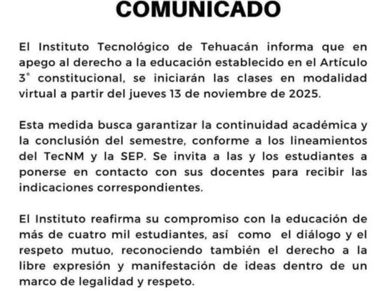 Anuncian clases virtuales para alumnos del Tecnológico de Tehuacán