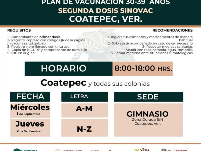 Anuncian fecha para segunda dosis a grupo 30-39 en Coatepec