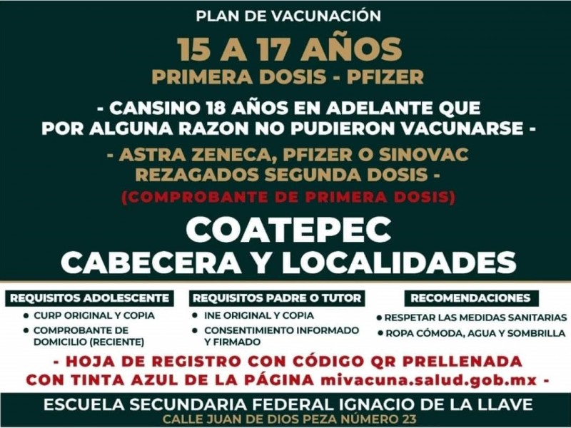 Anuncian fechas de vacunación para menores de edad en Coatepec