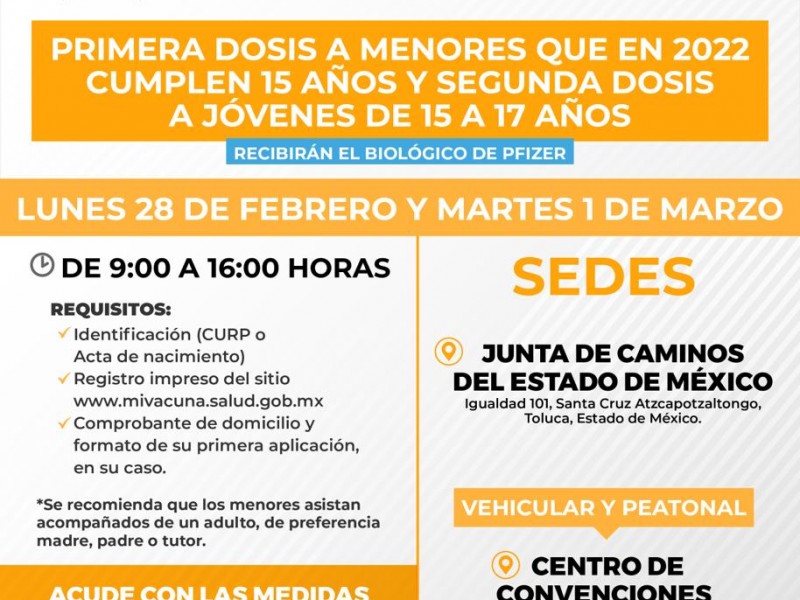 Anuncian segunda dosis para menores en Toluca