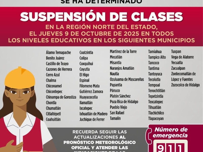 Anuncian suspensión de clases para municipios del norte de Veracruz