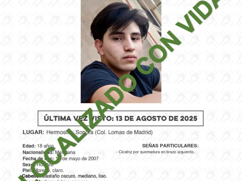 Aparece joven reportado como desaparecido tras salir de centro de rehabilitación