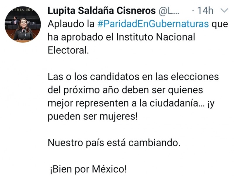 Aplaudo la paridad en gubernaturas: Lupita Saldaña