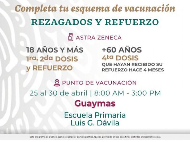 Aplicarán cuarta dosis de del 25 al 30 de abril