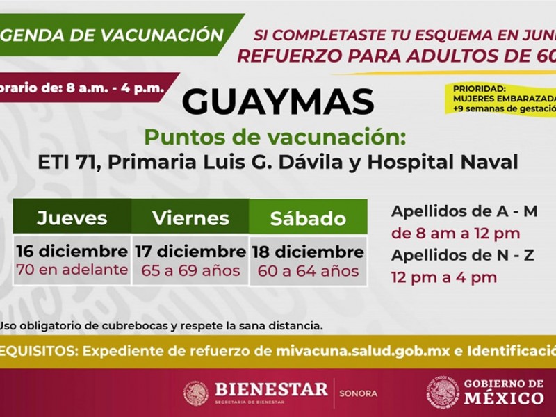 Aplicarán dosis de refuerzo a adultos mayores en Guaymas