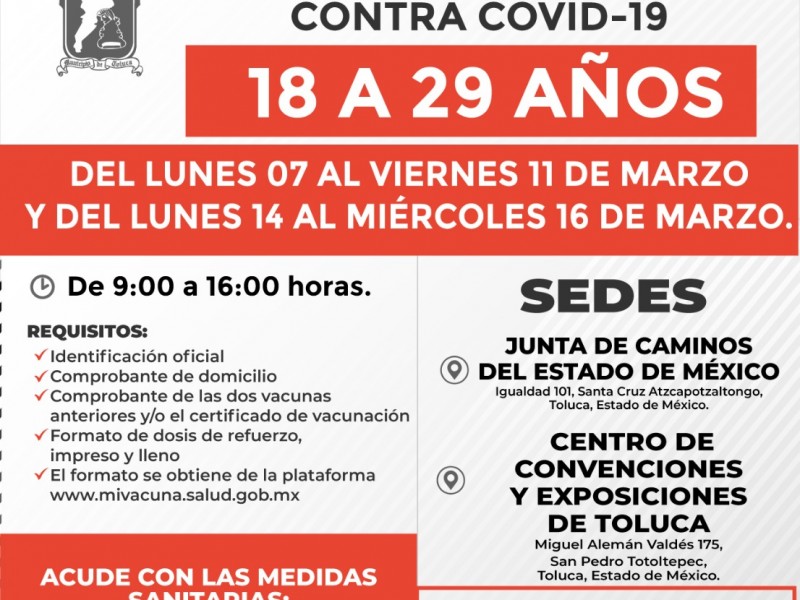 Aplicarán dosis de refuerzo a personas de 18 a 29