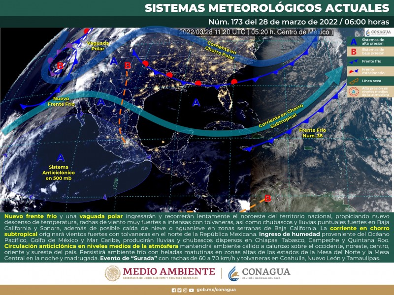 Aproximación de frente frío generará fuertes vientos y posibles lluvias