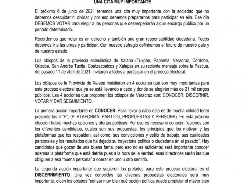 Arquidiócesis de Xalapa llama a votar el 6 de junio