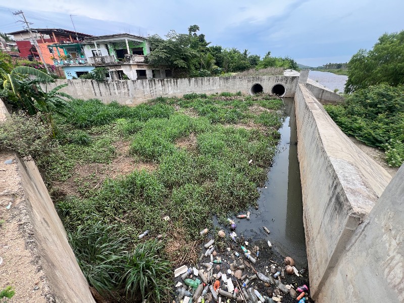 Arroyo “El Mezon” en Petatlán azolvado, con troncos y basura