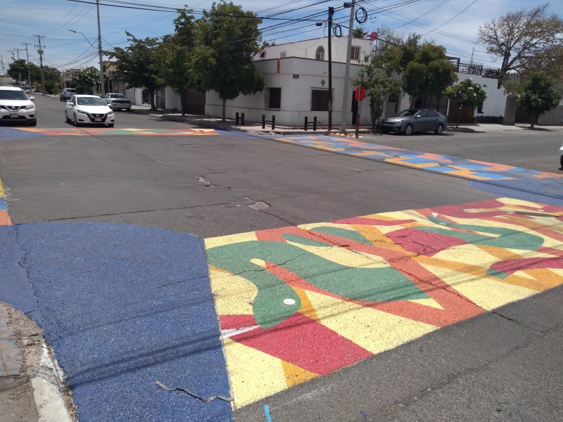 Artistas plásticos pintan cebras de colores en cruces viales