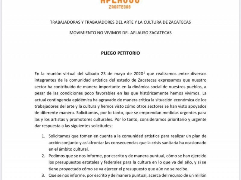 Artistas Zacatecanos exigen apoyo económico ante la contigencia sanitaria