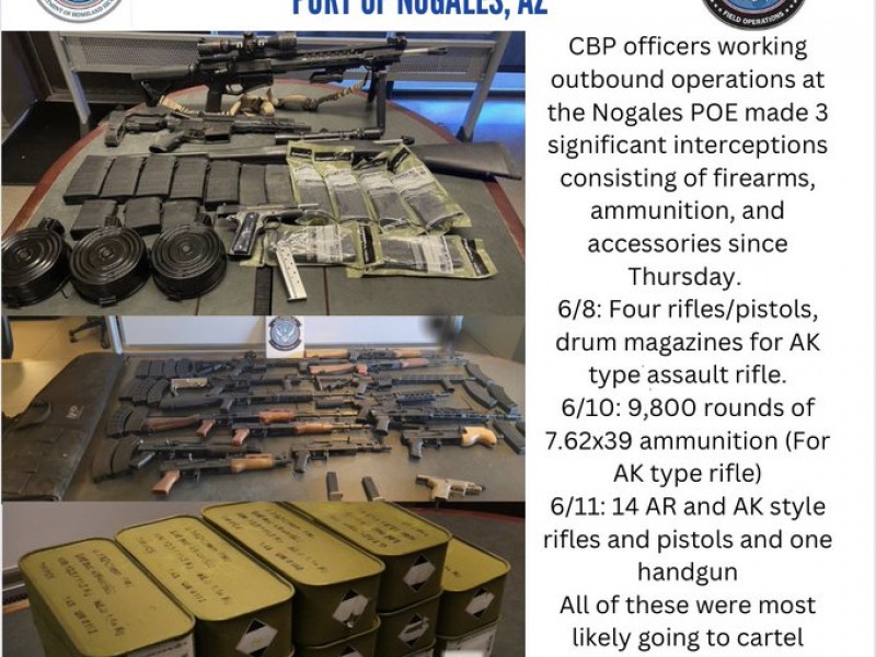 Aseguran en garitas de Nogales, Arizona arsenal destinado al narco