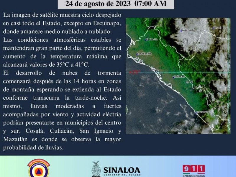Así el pronóstico de lluvias para este jueves en Sinaloa