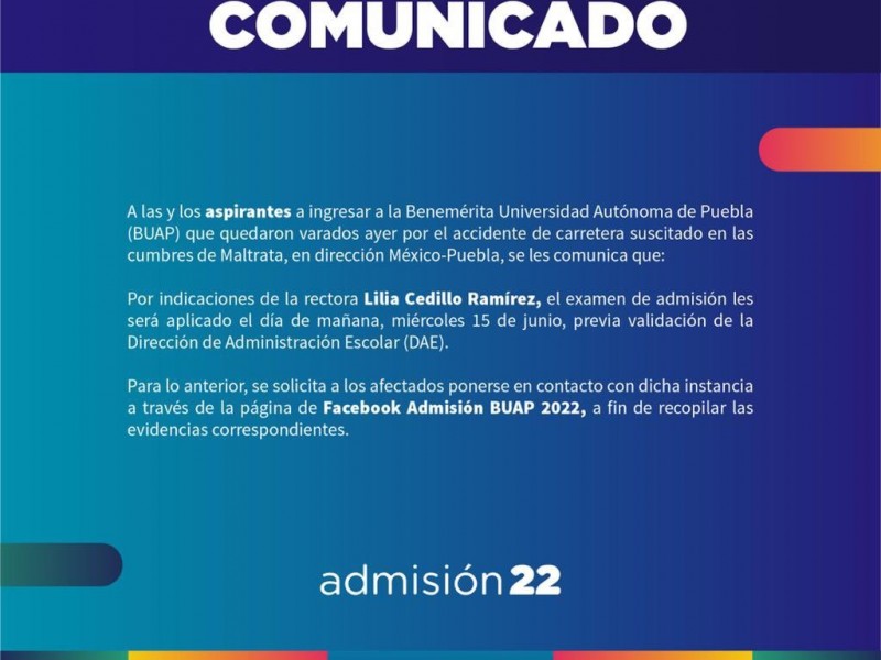 Aspirantes a BUAP afectados por accidente podrán presentar examen mañana