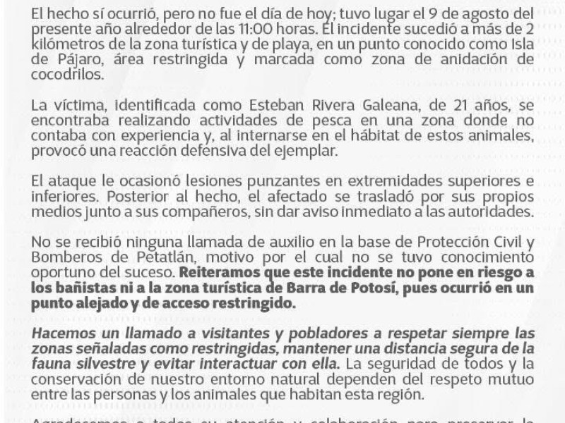 Ataque de cocodrilo fue lejos de zona turística: Gobierno Municipal