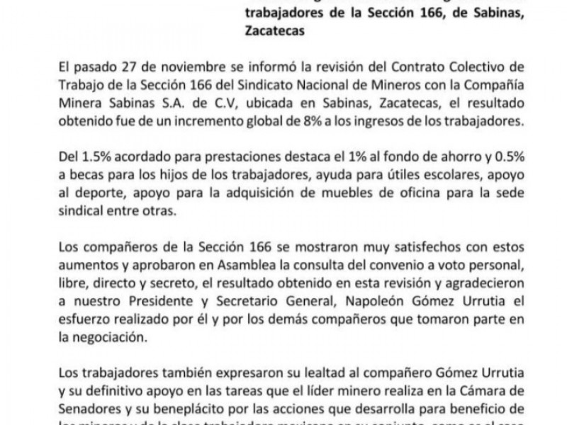 Aumento salarial para mineros de Sabinas