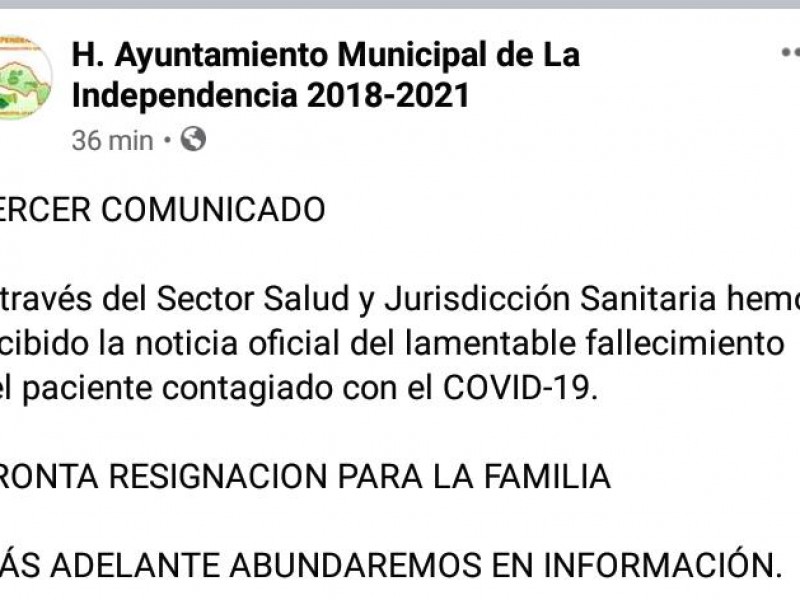 Autoridades municipales informan primer deceso de paciente por Covid-19