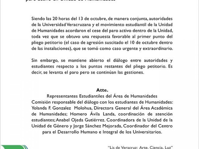 Autoridades y estudiantes de la UV acuerdan suspensión de paro