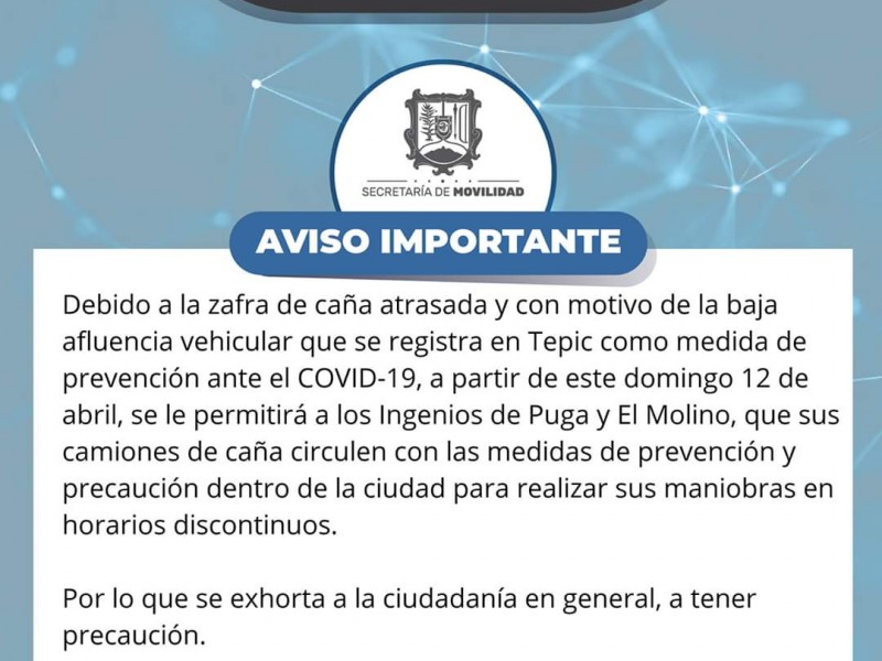 Autorizan a camiones cañeros transitar durante el día en Tepic