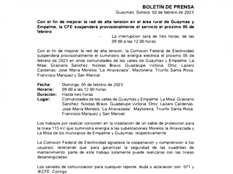 Avisa Comision Federal de Electricidad suspensión de servicio