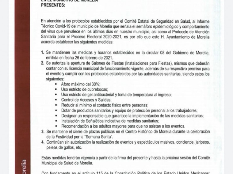 Ayuntamiento autoriza reapertura de salones de fiestas y eventos