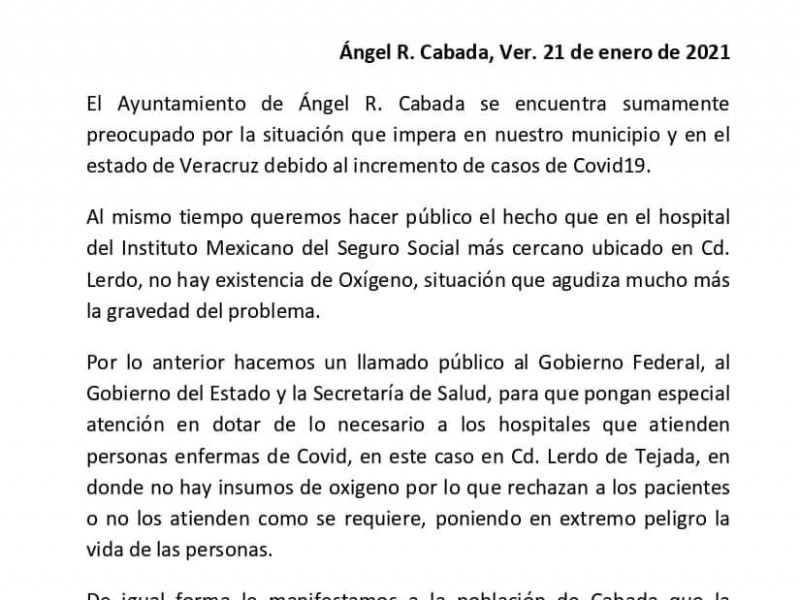 Ayuntamiento  de Angel R. Cabada denuncia falta de oxigeno