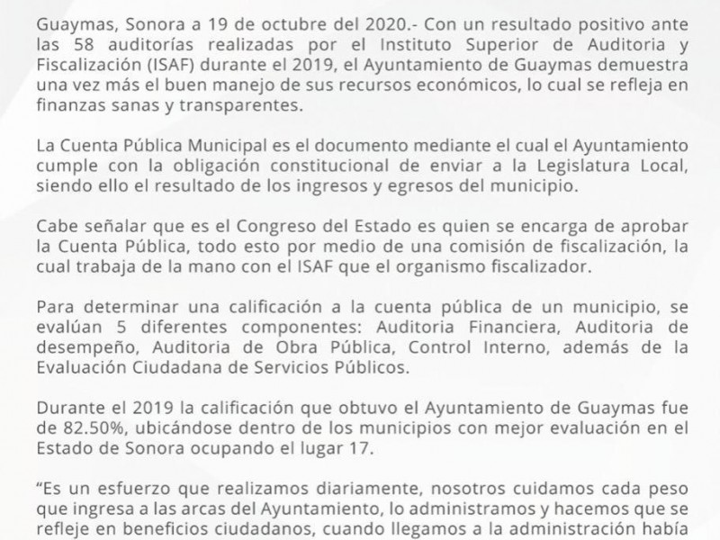 Ayuntamiento de Guaymas, de los mejores evaluados en Sonora