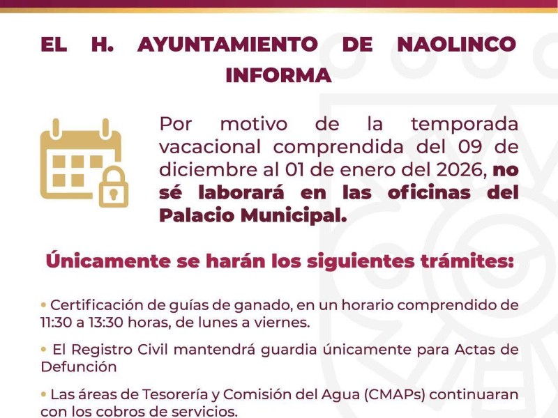Ayuntamiento de Naolinco permanecerá cerrado hasta el 1 de enero