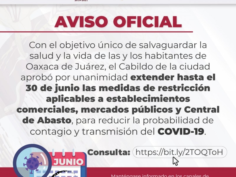 Ayuntamiento de Oaxaca extiende medidas restrictivas hasta 30 de junio