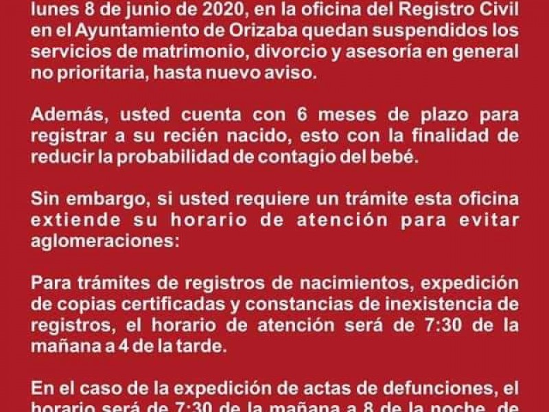 Ayuntamiento de Orizaba suspende tramites de matrimonio y divorcio.