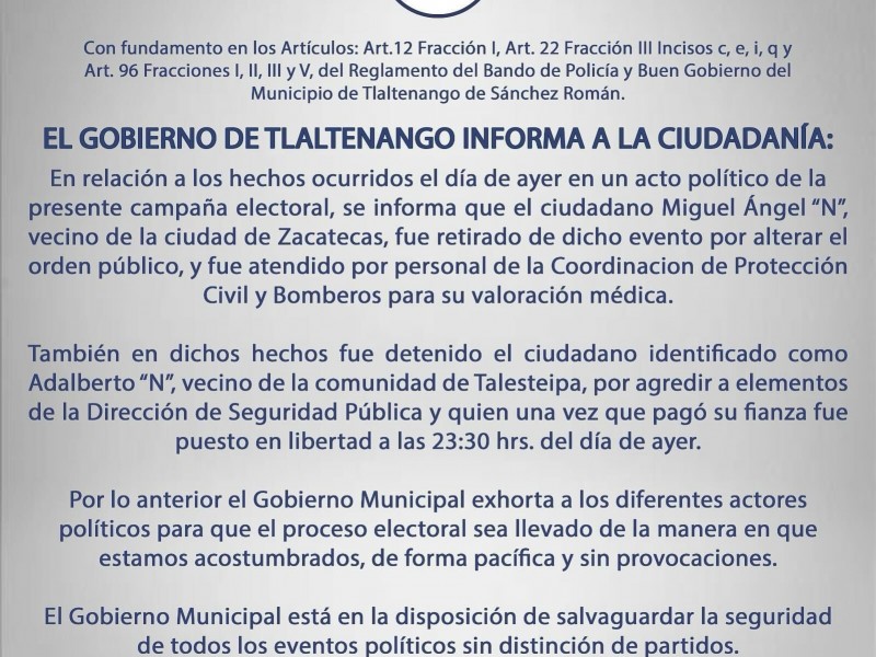 Ayuntamiento de Tlaltenango emite comunicado por incidentes en acto político