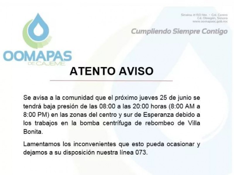 Baja presión de agua en la comisaría de Esperanza