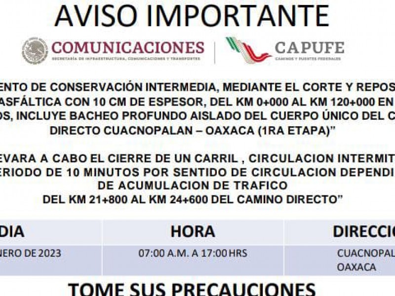 Bloqueo de la Cuacnopalan-Oaxaca por reparación: CAPUFE