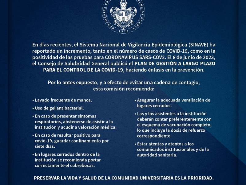 BUAP pide retomar medidas de prevención por COVID-19