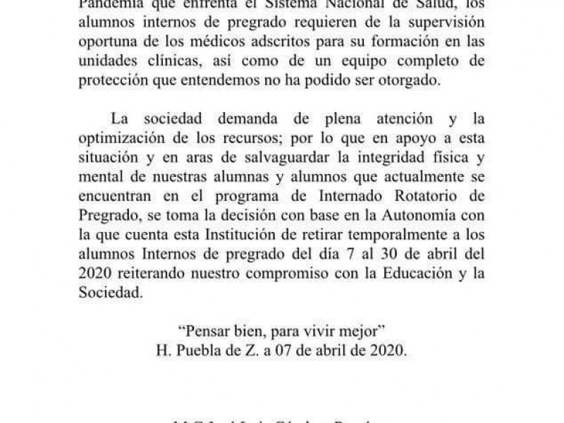 BUAP retira de hospitales a internos por riesgo de contagio