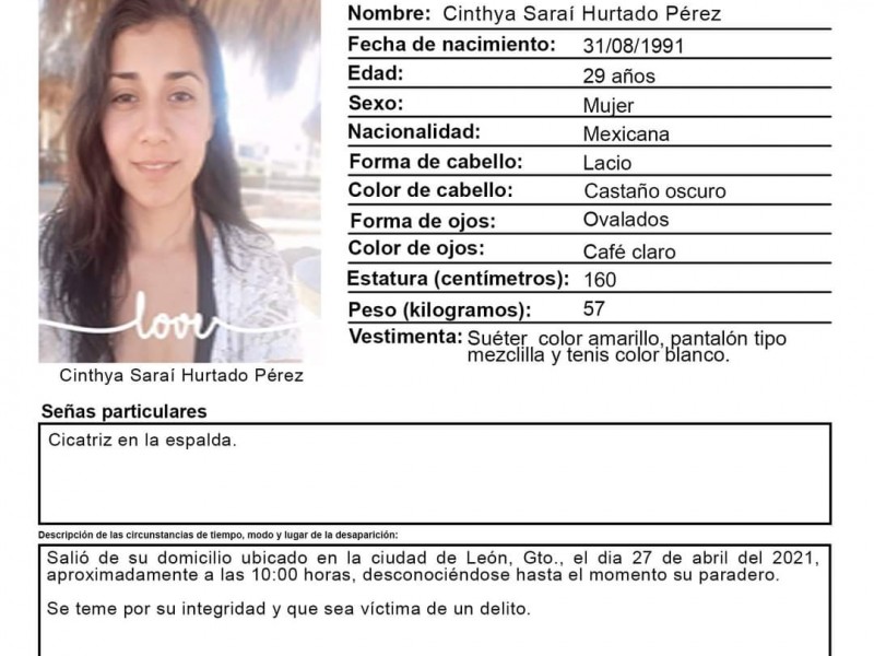 Buscan a Cinthya, la vieron por última vez el martes