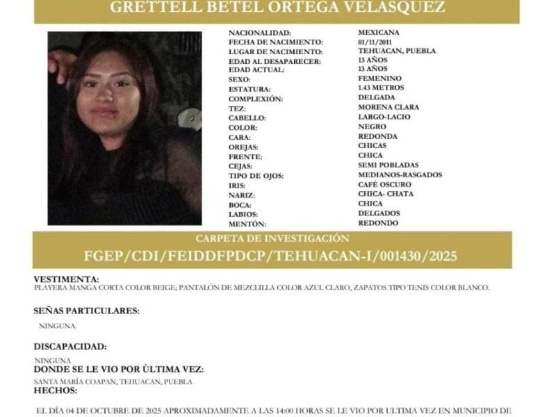Buscan a Grettell de 13 años