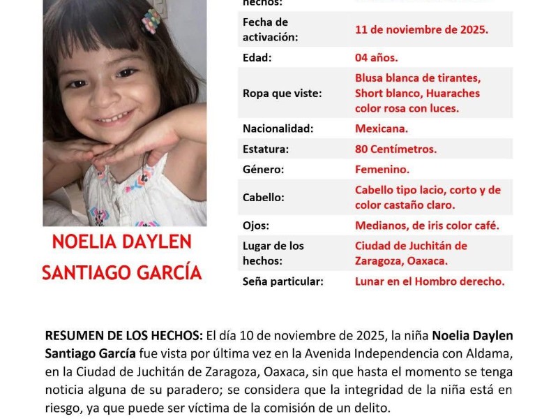 Buscan a la pequeña Noelia Daylen, desaparecida tras evento violento en Juchitán