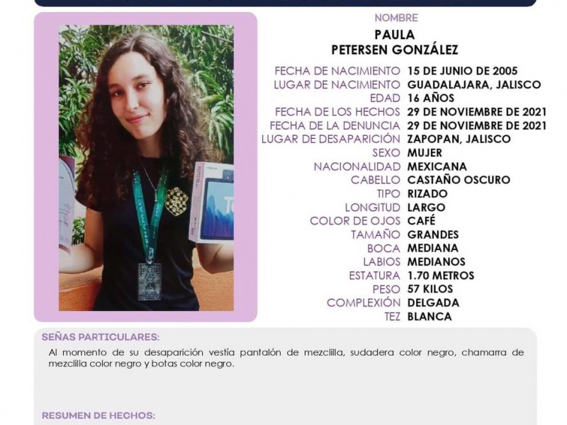 Buscan a Paula Petersen, desaparecida en San Juan de Ocotán